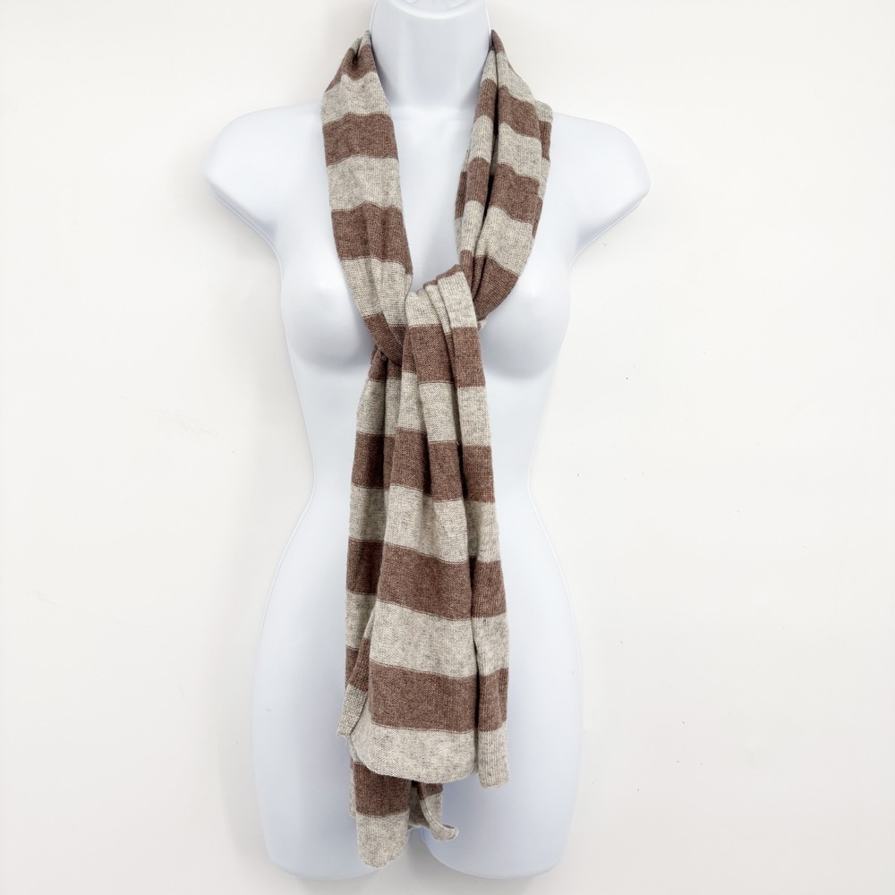 Womens 100% Cashmere Gray Brown Striped Minimalist Hand Made Nepal Scarf 13"x64"